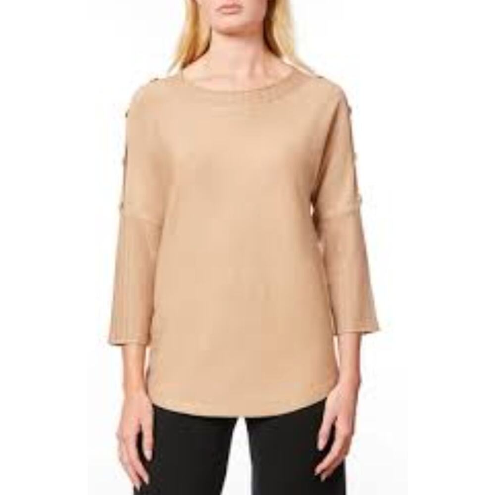 Melissa Paige Tan Button Sleeve Sweater Office‎ Work Tunic Top Petite Large